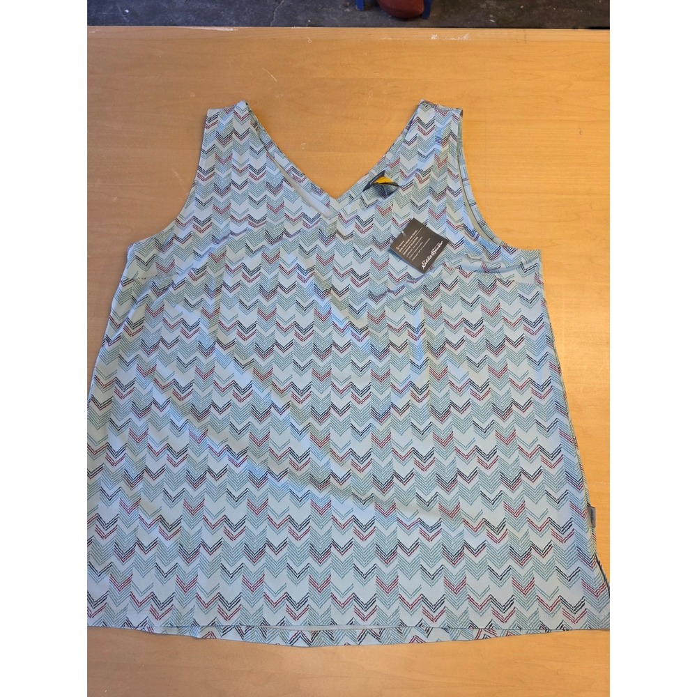 Eddie Bauer Women Departure V-Neck Tank Top Pebble Blue Chevron Print Large L